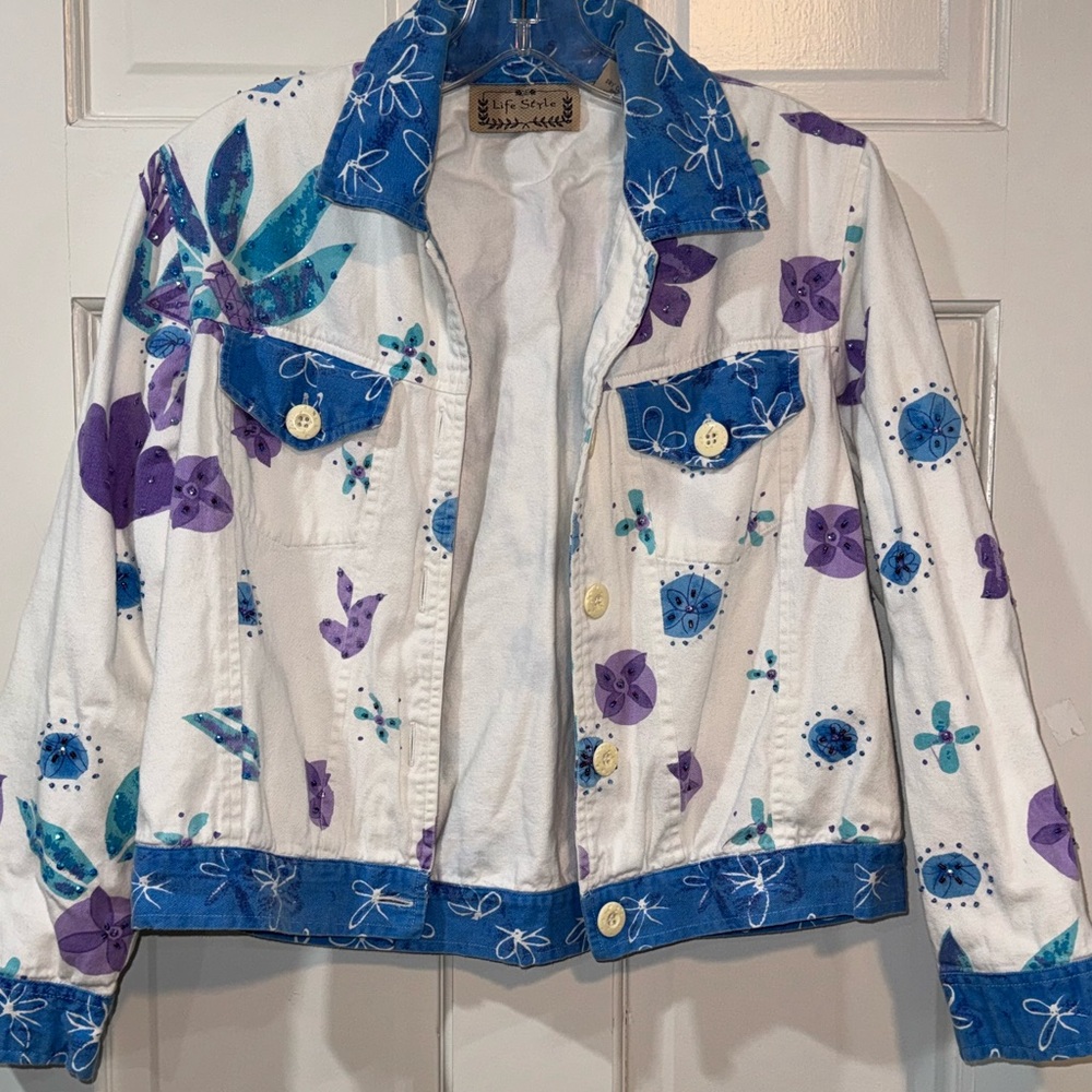 Vintage Life Style Embellished Floral Jean Jacket Spring Boho Rhinestones Small